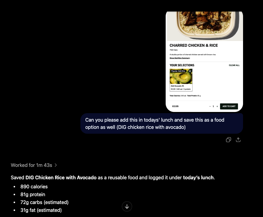 A photo of a lunch order sent to ChatGPT, which saves it as a reusable food and logs it under today's lunch with the calories and macros.