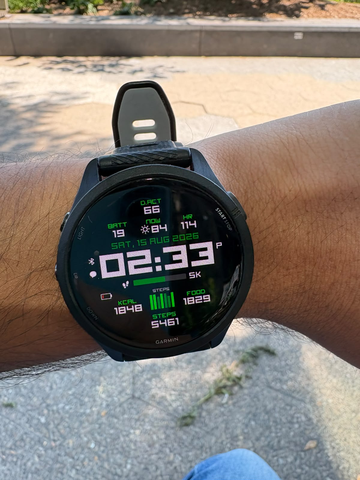 A Garmin watch face showing FOOD 1829 alongside steps, heart rate and calories burned.