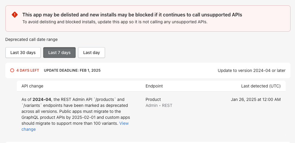 Shopify API deprecation warning